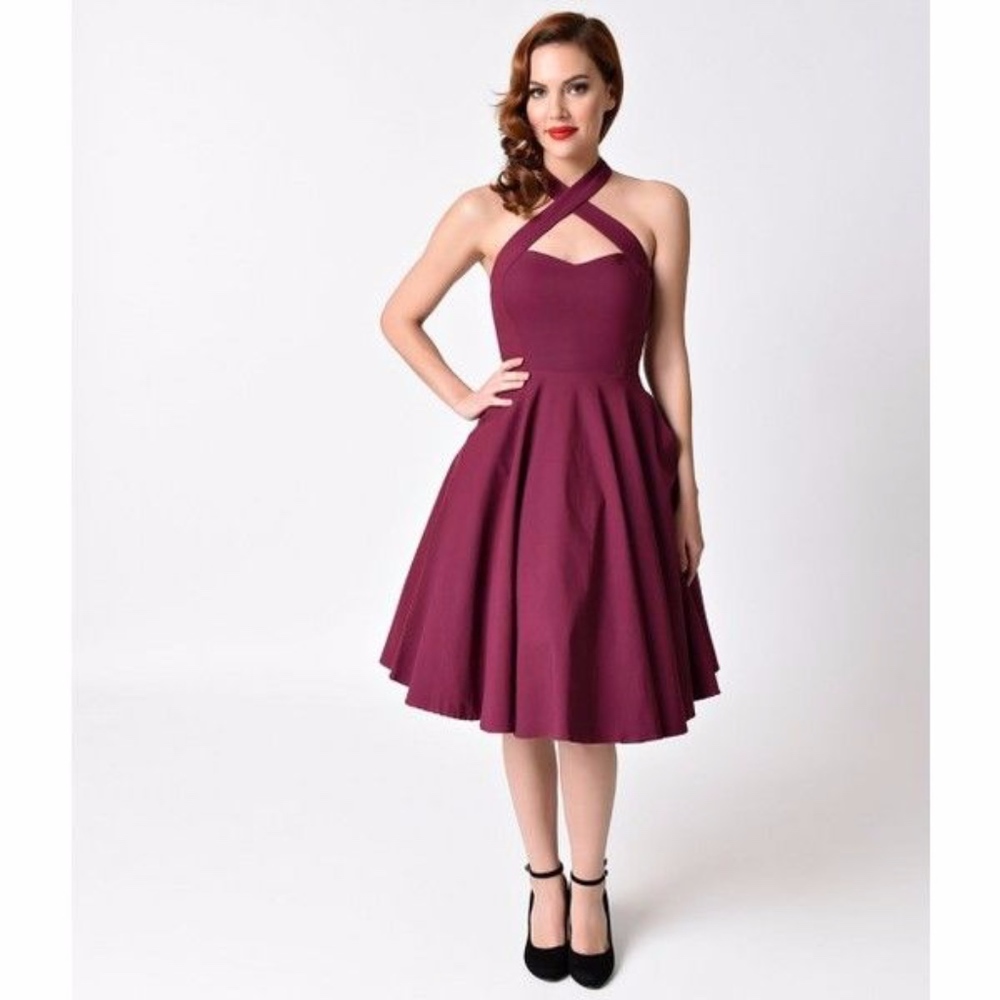 Unique Vintage Rita Halter Swing Dress in Magenta